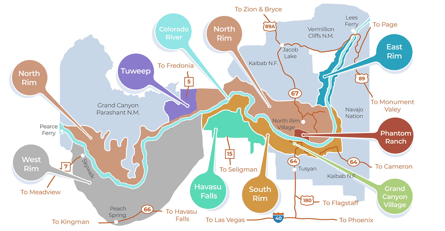 Illustrazione della mappa del Grand Canyon per pianificazione di itinerario e percorso