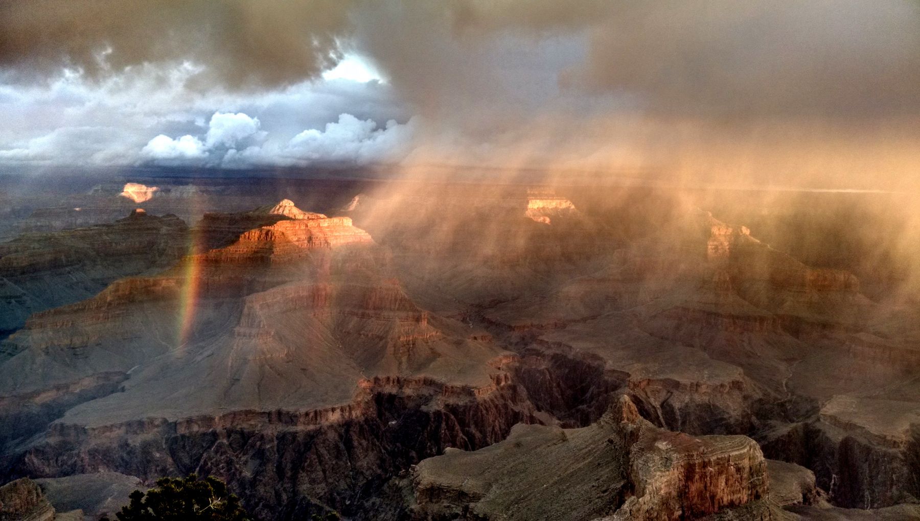 Grand Canyon an einem regnerischen Tag mit Sturmlicht, bewegten Wolken und tieferen Schatten